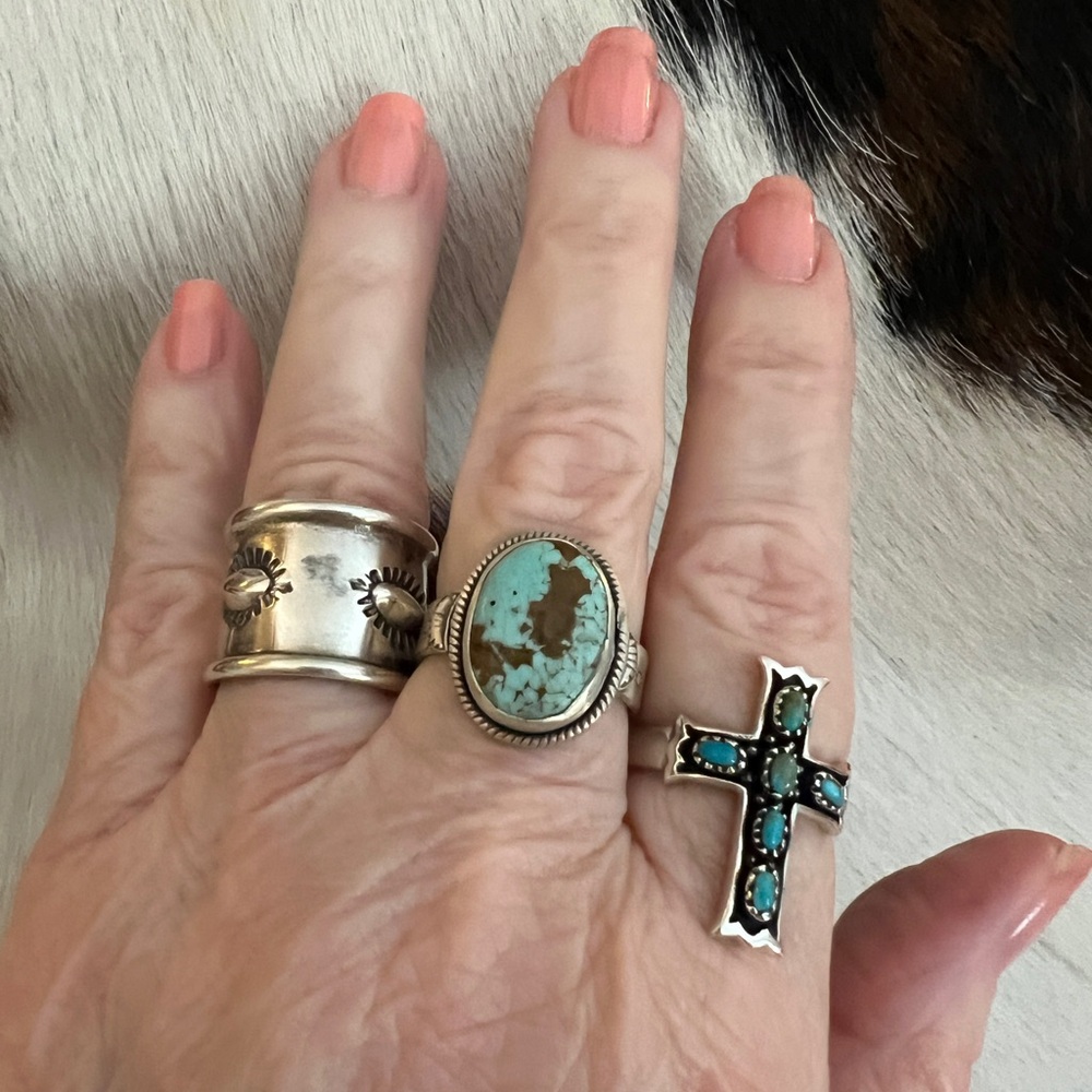 ❤️ #8 Turquoise Navajo Style Hand Stamped Decorative 5mm Band Ring Size 9 Unisex - Picture 4 of 14